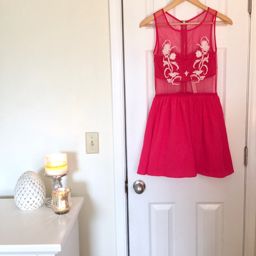 NWT hot pink dress with mesh & embroidered flowers